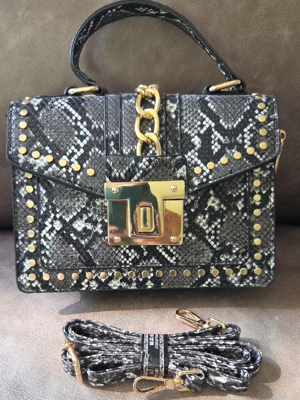 Snake-Print Top Handle Crossbody Bag with Gold Hardware